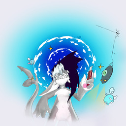ambiguous_gender box_cutter cloud featureless_chest featureless_crotch fin knife low-angle_view navel non-mammal_navel solo james_heart_(artist) james_heart alien aquatic fairy fish shark 1:1 absurd_res hi_res