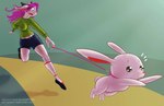 anthro big_breasts bottomwear breasts clothed clothing collar denim denim_clothing domestic_pet duo female feral footwear furries_with_pets hair knee_highs knee_socks leash legwear midriff pink_hair running shorts socks sweater text topwear conditional_dnp whisperfoot undertale undertale_(series) bunbun_npc_(undertale) cinnamon_(undertale) lagomorph leporid mammal rabbit absurd_res digital_media_(artwork) hi_res shaded brother_(lore) brother_and_sister_(lore) sibling_(lore) sister_(lore)