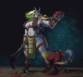 accessory anthro armor belly big_breasts bikini_armor blood blood_drip blood_splatter blue_body blue_scales bodily_fluids bottomwear breasts clothing dripping feathered_headdress female furgonomics gold_(metal) gold_jewelry gore headgear headwear holding_object holding_weapon jewelry loincloth macuahuitl melee_weapon muscular muscular_anthro muscular_female navel navel_piercing non-mammal_breasts piercing scales smile solo standing tail tail_accessory teeth unconvincing_armor weapon white_belly glewes warhammer_(franchise) lizardman lizardman_(warhammer) saurus_(warhammer) scalie hi_res