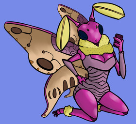anthro blue_eyes clothed clothing female pink_body pose selfie simple_background sitting solo mr.pp arthropod insect lepidopteran moth rosy_maple_moth pinup