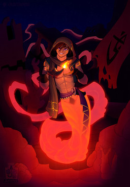 abs arabian_clothing bottomless bottomless_male clothed clothing darkness desert detailed_background femboy fingerless_gloves gloves handwear hood knife long_tail looking_at_viewer magic_lamp male muscular muscular_male outside partially_clothed pubes ruins sash sky smile solo star starry_sky symbol_on_clothing tail topwear twunk vest juxtapex genie human humanoid mammal hi_res