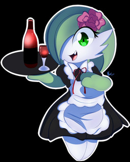 accessory alcohol ambiguous_gender apron beverage black_background black_clothing bottle chibi clothed clothing container cup cute_fangs drinking_glass fangs feet fingers flower flower_in_hair glass glass_container glass_cup green_body green_eyes green_hair green_hands hair hair_accessory holding_object looking_at_viewer maid_uniform noseless not_furry open_mouth open_smile outline pink_flower pink_tongue plant platter red_ribbon ribbons simple_background smile solo teeth tongue uniform white_apron white_body white_clothing white_feet white_outline wine wine_bottle wine_glass tinymunch nintendo pokemon fan_character josie_the_gardevoir gardevoir generation_3_pokemon mammal pokemon_(species) 2018 dated digital_drawing_(artwork) digital_media_(artwork) full-length_portrait hi_res portrait signature