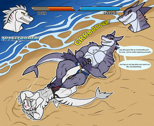anthro beach blush bulge dialogue duo gameplay_mechanics gui health_bar high-angle_view male male/male muscular smile text wrestling sharkiedude devin_(derpybro) aquatic dinosaur dromaeosaurid fish prehistoric_species reptile saurischian scalie shark theropod english_text hi_res