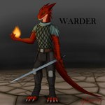 4_fingers 5_fingers anthro armor bottomwear claws clothing ears_back elemental_manipulation fingers fire fire_manipulation green_eyes grey_background horn long_tail magic male melee_weapon pants pivoted_ears red_body red_scales red_skin scales simple_background solo sword tail warrior weapon aydaharart mythology warder dragon mythological_creature mythological_scalie scalie absurd_res hi_res