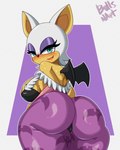 anthro areola areola_slip armwear bat_wings big_breasts big_butt black_clothing black_leotard black_nose black_wings blue_eyes blush blush_lines breasts brown_areola butt clothing cosplay eyelashes eyeshadow female fur huge_butt legwear leotard looking_at_viewer looking_back looking_back_at_viewer makeup membrane_(anatomy) membranous_wings pattern_tights pink_armwear pink_clothing purple_background purple_clothing purple_eyeshadow purple_legwear purple_tights rear_view simple_background smile snaggle_tooth solo thick_thighs tights white_background white_body white_fur wide_hips wings yellow_body yellow_fur bullsnart capcom darkstalkers sega sonic_the_hedgehog_(series) morrigan_aensland rouge_the_bat bat mammal absurd_res hi_res