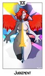 abstract_background anthro asymmetrical_coloring border breasts card card_template eyes_closed female fortune_telling fur genetic_chimerism grey_body grey_fur hair judgement_(tarot) light light_beam major_arcana missing_finger nipples notched_ear one_eye_obstructed prosthetic prosthetic_leg prosthetic_limb red_hair red_wings roman_numeral solo sun sunbeam sunlight tarot tarot_card text white_body white_border white_fur wings mewgle facet_(mewgle) lagomorph leporid mammal rabbit 2023 english_text hi_res