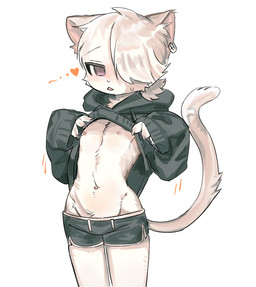 anthro biped black_bottomwear black_clothing black_hoodie black_topwear blush blush_lines bodily_fluids bottomwear claws clothed clothed_anthro clothed_male clothing clothing_lift dolphin_shorts ear_piercing ear_ring femboy finger_claws floating_heart front_view fur hair hair_over_eye heart_symbol hoodie male male_anthro navel nipples oversized_clothing oversized_topwear partially_clothed partially_clothed_anthro partially_clothed_male piercing ring_piercing shorts simple_background slim slim_anthro slim_male solo spiral spiral_eyes standing sweat sweatdrop tail topwear topwear_lift white_background white_body white_fur young young_anthro young_male seuppi domestic_cat felid feline felis mammal 2025 digital_media_(artwork) hi_res