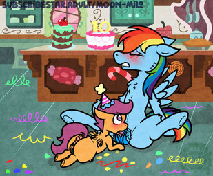 adult_on_young age_difference birthday birthday_cake birthday_sex blush cake clitoris clothing confetti cunnilingus dessert duo female female/female feral food genitals hat headgear headwear oral party_hat pastry pie sex small_wings vaginal wings young young_female young_feral alleymutt friendship_is_magic hasbro my_little_pony mythology rainbow_dash_(mlp) scootaloo_(mlp) equid equine horse mammal mythological_creature mythological_equine pegasus pony