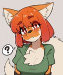 anthro blush breasts brown_body brown_fur chest_tuft clothed clothing female female_anthro fur grey_background hair head_tilt inner_ear_fluff kemono orange_body orange_fur orange_hair question_mark red_eyes red_hair simple_background solo tail tuft white_body white_fur yellowparrottw lang_(yellowparrottw) yellowparrottw's_wolf canid canine mammal maned_wolf 2024 digital_media_(artwork) hi_res portrait reaction_image