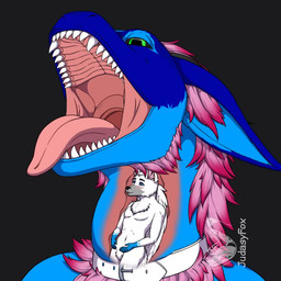 anthro blue_body blue_eyes blue_fur duo fur green_eyes hair horn male micro pink_hair predator/prey swallowing throat vore white_body white_fur wings judasyfox canid canine canis mammal nardoragon wolf 1:1 2d_animation animated motion_tweening no_sound short_playtime video