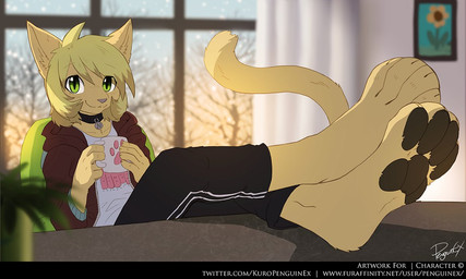 4_toes anthro barefoot black_bottomwear black_clothing black_pants blonde_hair bottomwear brown_clothing brown_pawpads brown_topwear claws closed_smile clothed clothing crossed_legs curtains feet foot_focus front_view fur glistening glistening_eyes green_eyes hair inside male mouth_closed painting_(object) pants pawpads paws plant plantigrade sitting sky smile soles solo sunset text toes topwear tree white_clothing white_topwear window yellow_body yellow_fur penguinexperience domestic_cat felid feline felis mammal 5:3 english_text signature url
