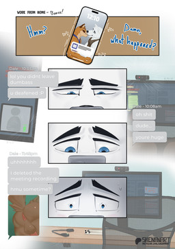 anthro anus backsack balls blue_eyes butt camera cellphone chair clothing computer_monitor desk dialogue duo electronics furniture genitals headgear headphones headset holding_object holding_phone kissing male male/male nude office_chair phone ringing_phone sending_nudes shirt table tank_top text texting topwear shenanart doug_(shenanart) steph_(shenanart) canid canine canis cougar domestic_dog felid feline mammal nordic_sled_dog spitz comic english_text hi_res