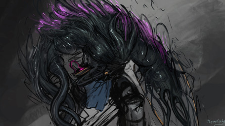 anthro black_body black_goo blue_bottomwear blue_clothing blue_loincloth bottomwear clothing corruption glistening glistening_body glowing glowing_body hunched_over loincloth male purple_body purple_eyes solo standing tentacles themefinland goo_creature 2020 digital_media_(artwork) signature
