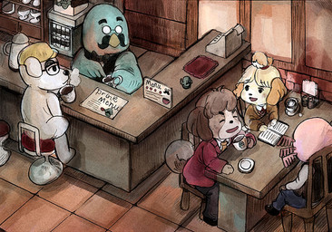accessory anthro beverage black_bottomwear black_clothing black_eyes black_nose black_pants blonde_hair blue_bottomwear blue_clothing blue_pants bottomwear brown_body brown_fur brown_hair cafe chair clothed clothed_anthro clothed_male clothing coffee container cup dress external_gills eyewear featureless_feet feet female floor food fraternal_twins fully_clothed fully_clothed_anthro fully_clothed_male fur furniture gills glasses group hair hair_accessory high-angle_view inside male necktie open_mouth orange_necktie pants red_clothing red_suit short_hair sitting smile store suit table tan_body tan_fur text tile tile_floor uniform wall_(structure) white_body white_fur yellow_body yellow_fur unknown_artist animal_crossing nintendo brewster_(animal_crossing) digby_(animal_crossing) dr._shrunk_(animal_crossing) isabelle_(animal_crossing) k.k._slider amphibian aquatic avian axolotl bird canid canine canis columbid domestic_dog hunting_dog jack_russell_terrier mammal mole_salamander pigeon salamander shih_tzu terrier toy_dog digital_media_(artwork) english_text brother_(lore) brother_and_sister_(lore) sibling_(lore) sister_(lore) twins_(lore)