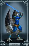 anthro armor beak blue_body blue_feathers blue_lightsaber claws clothed clothing feathered_wings feathers feet holding_object holding_weapon jedi jewelry lightsaber melee_weapon necklace pose simple_background solo talons text toes topless weapon wings valy_j._thunderbeast star_wars thenyr avian cel_shading hi_res shaded