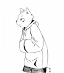 anthro arms_in_sleeves clothed clothing clothing_cord drawstring drawstring_topwear fully_clothed fur hoodie male side_view simple_background solo sweater toony topwear white_background fffffolder canid canine canis domestic_dog mammal black_and_white hi_res monochrome