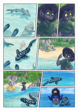 ambiguous_gender anthro beach biped black_body black_fur black_hair blood bodily_fluids clothed clothing cloud dark_body dark_skin day ear_fins feral fin flower fur grey_body hair hat headgear headwear motion_lines outside plant proboscis_(anatomy) sea split_form trunk_(anatomy) water bjekkergauken mythology imbali_(bjekkergauken) isilo_(bjekkergauken) aquatic elephant elephantid fish humanoid mammal merfolk proboscidean unknown_species 2026 colored comic hi_res