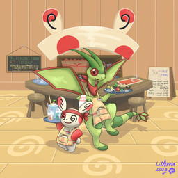 accessory ambiguous_gender apron berry beverage biped brown_eyes chair clothing container cup dizzy_eyes drinking_straw duo floor food fruit furniture green_body headband holding_object holding_plate kerchief menu name_tag notebook open_mouth open_smile oran_berry pen plant plate pokemon_berry pose pupils red_headband red_kerchief shadow smile standing table tail text wall_(structure) wings wood wood_chair wood_floor wood_furniture wood_table wood_wall lilarrin nintendo pokemon pokemon_mystery_dungeon spike_chunsoft flygon generation_3_pokemon pokemon_(species) spinda 1:1 2023 artist_name english_text hi_res