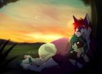 anthro barefoot blue_eyes day detailed_background digitigrade duo feet grass green_hair hair outside pink_nose plant red_hair sky twilight poisoned_(artist) canid canine mammal digital_media_(artwork)