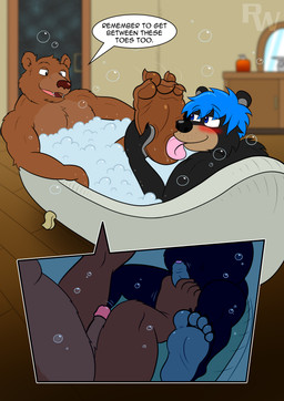 anthro bathing bathtub duo feet foot_fetish foot_lick foot_play footjob humanoid_feet licking male male/male mature_male penile plantigrade sex teasing teasing_with_feet text toe_wiggle tongue ricowolfdog little_bear nelvana father_bear bear mammal absurd_res english_text hi_res