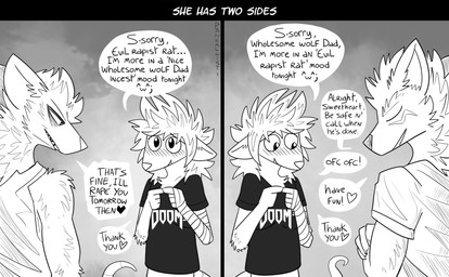 2_panel_comic age_difference anthro apology clothing concern_for_another dialogue female group heart_symbol humor imminent_rape imminent_sex larger_male male older_male pleading_eyes shirt size_difference smaller_female speech_bubble text topwear trio younger_female pankallisti doom_3 circe_(pankallisti) malakai_(malakai) canid canine canis mammal murid murine rat rodent wolf comic english_text greyscale hi_res monochrome sketch daughter_(lore) father_(lore) father_and_child_(lore) father_and_daughter_(lore) incest_(lore) parent_(lore) parent_and_child_(lore) parent_and_daughter_(lore)