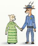 anthro antlers clothing duo eye_contact fangs female hand_holding horn looking_at_another police police_hat police_uniform sheriff smile teeth uniform capt_hairball disney zootopia fan_character cervine deer mammal muntjac new_world_deer roe_deer hi_res