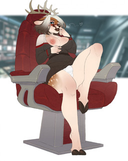 anthro antlers areola aroused bedroom_eyes big_breasts biped blue_eyes breasts brown_body brown_fur brown_hair bulge captain's_chair clothing clothing_pull deer_antlers detailed_bulge finger_to_mouth fur gynomorph gynomorph_anthro hair heart_symbol horn intersex intersex_anthro legs_up looking_at_viewer markings mismatched_sexual_dimorphism multicolored_hair narrowed_eyes nipples one_breast_out one_leg_up panties pink_areola pink_nipples raised_leg seductive shirt shirt_pull short_tail sitting solo spaceship_interior spots spotted_body spotted_fur spread_legs spreading tail tan_body tan_fur thick_thighs topwear topwear_pull underwear uniform white_clothing white_hair white_panties white_underwear wide_hips alhamoon star_trek thea_(theabunn) cervine deer mammal absurd_res hi_res