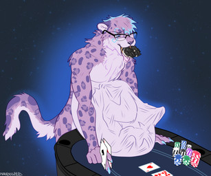 abdominal_bulge ace_of_hearts ace_of_spades almost_fully_inside ambiguous_gender ambiguous_prey anthro belly bent_legs big_belly biped black_pawpads blue_eyes blue_markings bodily_fluids brown_body brown_fur card dripping duo endosoma eyewear foot_in_mouth fur glasses hand_imprint holding_card humanoid_hands imprint leaning leaning_forward leaning_on_table legs_up male male/ambiguous male_anthro male_pred markings neck_bulge oral_vore pawpads playing_card poker poker_chip poker_table purple_body purple_fur purple_nose purple_spots rectangular_glasses safe_vore saliva saliva_drip saliva_on_tongue spots spotted_body spotted_fur struggling struggling_prey tail ten_of_hearts tongue tongue_out vore wearing_glasses paradoxinhead dazzo_(greatgrannyjoe) monchos felid hyena mammal pantherine snow_leopard 2025 digital_drawing_(artwork) digital_media_(artwork) english_description hi_res