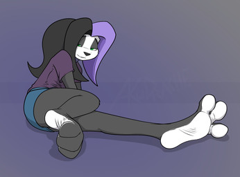 3_toes anthro barefoot big_feet black_hair bottomwear clothing countershade_feet countershading curling_toes feet female foot_fetish fur green_eyes hair lidded_eyes multicolored_body multicolored_fur multicolored_hair ponytail purple_background purple_hair shirt shorts simple_background soles solo spread_toes toes topwear akudrache blizzard_entertainment warcraft sarnari bear giant_panda mammal pandaren ursine hi_res