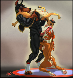 4_toes 5_fingers abs anthro anthro_on_anthro balls black_body black_fur black_nose breasts brown_body brown_fur butt cunnilingus erection feet female fingers fur genitals group hair kneeling male male/female multicolored_body multicolored_fur muscular muscular_anthro muscular_male nipples nude nude_anthro nude_female nude_male oral penis red_hair sex standing standing_sex tail toes tongue tongue_out trio two_tone_body two_tone_fur vaginal white_body white_fur klaus_doberman klaus_doberman_(character) basenji canid canine canis dobermann domestic_dog german_shepherd herding_dog mammal pastoral_dog pinscher primitive_dog hi_res