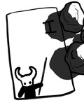 2_horns ambiguous_gender black_body black_eyes drawing_(object) holding_object horn paper shadow solo white_head skeletorskeletonized hollow_knight team_cherry the_knight_(hollow_knight) vessel_(species) 2020 4:5 digital_media_(artwork) monochrome nonbinary_(lore)