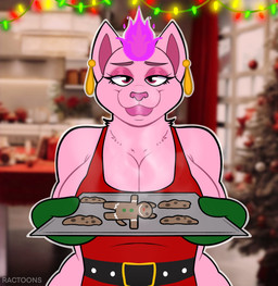 anthro apron baking_tray baubles big_breasts breasts christmas_decorations christmas_lights christmas_tree cleavage closed_smile clothed clothing container cookie ear_piercing eyelashes female female_anthro food front_view fur furniture gingerbread_cookie green_clothing green_handwear green_oven_mitts hair half-closed_eyes handwear holding_baking_tray holidays inside jar kitchen light lips looking_at_viewer mouth_closed narrowed_eyes outline oven_mitts photo_background piercing pink_body pink_eyes pink_fur pink_hair pink_lips pink_nose plant red_apron red_clothing red_curtains shelf short_hair smile smiling_at_viewer solo standing steam table tablecloth text thick_bottom_lip tree white_outline window window_curtains ractoons christmas mimosa_(colty8) domestic_cat felid feline felis mammal 2023 artist_name colored digital_drawing_(artwork) digital_media_(artwork) english_description half-length_portrait hi_res lighting photography_(artwork) portrait