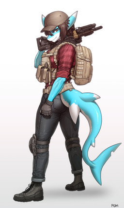 5_fingers anthro backpack bottomwear butt butt_pose clothing female fingers footwear gloves gun handwear mk18 pants pattern_clothing pattern_shirt pattern_topwear plaid plaid_clothing plaid_shirt plaid_topwear pose ranged_weapon rifle shirt shoes simple_background smile solo topwear weapon white_background pgm300 aquatic fish shark 2022 absurd_res hi_res
