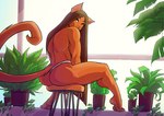 2022 anthro brown_body brown_eyes brown_fur brown_hair butt clothed clothing conditional_dnp domestic_cat felid feline felis female fur hair jollyjack looking_back mammal plant plant_pot potted_plant sitting solo thong topless underwear