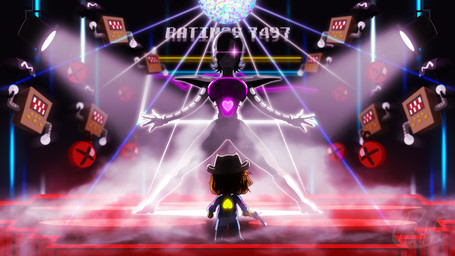 ambiguous_gender clothing cowboy_hat disco disco_ball drag_(fashion) duo floodlight fog glistening gun hat headgear headwear lights machine nightclub not_furry performance platform ranged_weapon soul stage umbrella weapon pdubbsquared undertale undertale_(series) frisk_(undertale) mettaton mettaton_ex human mammal robot 16:9 hi_res wallpaper widescreen