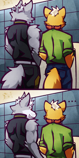 anthro bathroom bottomless butt butt_grab clothed clothing hand_on_butt male male/male public_restroom red_eyes urinal urinal_peeking ventkazemaru nintendo star_fox fox_mccloud wolf_o'donnell canid canine canis fox mammal wolf comic hi_res