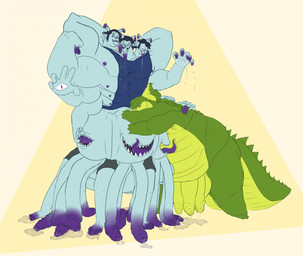2_heads 3_heads anthro balls belly_mouth big_balls big_penis bodily_fluids clothing cock_toes crotchless_clothing duo excessive_genital_fluids excessive_precum eye_on_hand eyewear genital_fluids genitals glasses horn hug huge_balls huge_penis hyper hyper_balls hyper_foreskin hyper_genitalia hyper_penis male male/male multi_arm multi_balls multi_eye multi_genitalia multi_head multi_leg multi_limb multi_penis muscular nipples overweight overweight_male penis penis_fingers penis_horn penis_toes penis_tongue precum pseudo_horn shirt tank_top topwear unusual_anatomy unusual_genitalia_placement unusual_penis_placement maxmulticroc max_(maxmulticroc) crocodile crocodilian humanoid imp reptile scalie hi_res