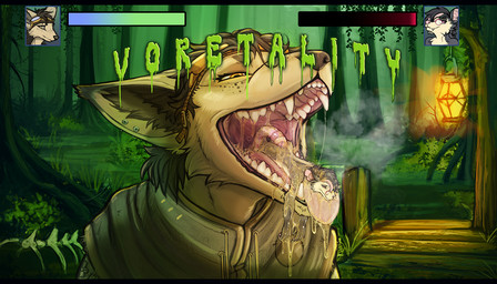 anthro black_hair bodily_fluids cheek_tuft clothed clothing duo facial_tuft fur gameplay_mechanics gui hair health_bar lamp lantern lying male mouth_shot narrowed_eyes night nude on_front on_tongue open_mouth outside regurgitation saliva saliva_string short_hair tan_body tan_fur tongue tuft vomit yellow_eyes acidic american_opossum canid canine mammal marsupial hi_res letterbox
