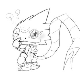 anthro blush butt chibi looking_back male markings picking_nose question_mark solo striped_markings striped_tail stripes tail tail_markings lkiws bandai_namco digimon digimon_beatbreak digimon_(species) gekkomon scalie hi_res monochrome