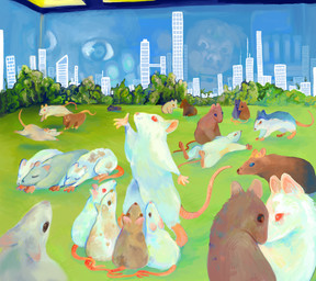 ambiguous_gender black_body black_fur black_nose brown_body brown_eyes brown_fur brown_nose eyes_closed feral feral_focus fur grass grey_body grey_fur group large_group looking_at_another lying nose_to_nose on_back on_front on_hind_legs open_mouth pink_body pink_nose pink_skin plant red_eyes running scientific_experiment scientist shrub sitting size_difference snout white_body white_fur young young_feral rexalogy rat_park human mammal 2021 digital_media_(artwork) digital_painting_(artwork) hi_res painting_(artwork) shaded