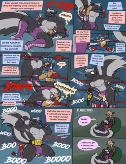 anthro anthro_on_anthro armpit_fetish armpit_sniffing big_bulge big_butt big_dom_small_sub big_tail black_body black_fur body_hair bulge butt championship_belt chest_hair clothing dialogue dominant duo face_in_ass facesitting fight fighting_ring flexing flexing_bicep fluffy fluffy_tail fur larger_male larger_on_top male male/male muscular muscular_anthro muscular_male musk on_top profanity sitting_on_another size_difference smaller_male smothering sniffing speech_bubble spiral spiral_eyes stinkface tail text tight_clothing wrestling wrestling_belt wrestling_briefs happyroadkill hyena mammal mephitid skunk comic english_text hi_res