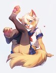 4_toes anthro asian_clothing biped blonde_hair blue_eyes butt claws clothed clothing east_asian_clothing feet femboy fur hair heart_symbol japanese_clothing japanese_school_uniform legs_up legwear looking_at_viewer male male_anthro orange_body orange_fur pawpads paws school_uniform serafuku simple_background sitting soles solo thigh_highs toe_claws toes tongue tongue_out uniform white_background white_body white_clothing white_fur popodunk domestic_cat felid feline felis mammal 2021