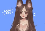 accessory animal_ears animal_print anthro big_breasts blue_background blush breasts brown_hair cleavage clothed clothing female hair hair_accessory long_hair mouth_closed simple_background solo upper_body womiexe