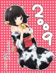 animal_print asian_clothing bell bell_choker black_hair blue_eyes bovid_horn bovine_horn breasts choker cleavage clothed clothing cow_horn cow_print east_asian_clothing female hair holidays horn japanese_clothing jewelry kimono kneeling necklace pattern_background simple_background smile solo text machiko_(beard) chinese_zodiac new_year year_of_the_ox animal_humanoid bovid bovid_humanoid bovine bovine_humanoid cattle_humanoid horned_humanoid humanoid mammal mammal_humanoid 2009 japanese_text translation_request