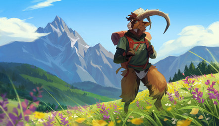 anthro backpack blue_sky brown_body brown_fur brown_hair day detailed_background fingers flower fur grass hair hiking horn male mountain outside plant scenery sky solo jeniak bovid caprine goat ibex mammal 2022 digital_media_(artwork)