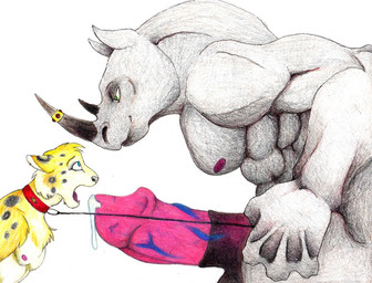 abs anthro balls bdsm biceps big_penis blue_eyes blue_veins bodily_fluids collar colored_vein dominant dominant_male duo erection eye_contact fellatio fur genital_fluids genitals green_eyes grey_body grey_skin holding_leash holding_object horn huge_penis imminent_sex intimidation it'll_never_fit jewelry kneeling larger_male leash leash_pull looking_at_another male male/male male_penetrated male_penetrating male_penetrating_male markings muscular nipples nude open_mouth oral pecs penetration penile penis penis_in_face precum ring sex side_view simple_background size_difference smaller_male smile spots standing submissive submissive_male thick_penis vein veiny_penis white_background white_body white_fur yellow_body yellow_fur aazhie felid jaguar mammal pantherine rhinoceros 2005 traditional_media_(artwork)