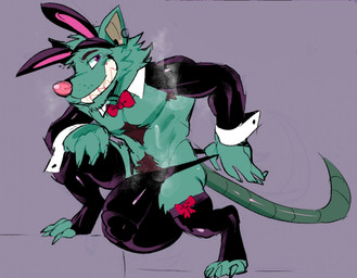 anthro armpit_hair balls big_balls big_bulge big_penis body_hair bow_tie buckteeth bulge bunny_costume chest_hair claws clothing clothing_pull costume detailed_bulge elbow_sleeves fake_ears fake_rabbit_ears fur genital_outline genitals green_body green_fur grin hand_on_leg hand_on_thigh leggings legwear looking_at_viewer male musk penis penis_outline pubes purple_background rat_tail sharp_teeth simple_background small_but_hung smile smiling_at_viewer solo tail teeth underwear underwear_pull purplecider league_of_legends riot_games tencent twitch_(lol) mammal murid murine rat rodent hi_res