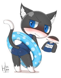 anthro bent_over black_body black_fur blue_eyes blush bulge butt chibi clothing embarrassed fur glistening inflatable looking_back male markings mask one-piece_swimsuit pool_float raised_tail rear_view school_swimsuit simple_background solo standing swimwear tail tail_markings text text_on_clothing text_on_swimwear white_body white_fur choreuny atlus megami_tensei persona_(series) persona_5 sega morgana_(persona) domestic_cat felid feline felis mammal tuxedo_cat hi_res japanese_text translated