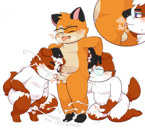 3_toes 4_fingers anal anthro anus balls barefoot biped blue_eyes blush blush_lines bodily_fluids breath butt countershade_arms countershade_ears countershade_face countershade_feet countershade_hands countershade_legs countershade_tail countershade_torso countershading crouching crouching_sex cum cum_drip cum_dripping_from_penis cum_in_air cum_on_face cum_on_ground cum_on_penis cum_on_tongue cum_while_rimmed cum_while_rimming cumshot dripping ejaculation erection eyes_closed eyewear feet fellatio fingers foreskin genital_fluids genitals glasses green_eyes group group_sex hair hand_on_butt hand_on_head hand_on_knee hand_on_leg hand_on_penis handjob handjob_while_rimming handjob_while_sucking head_grab heart_symbol humanoid_genitalia humanoid_penis kneeling kneeling_on_ground kneeling_sex licking looking_at_another looking_at_anus looking_at_genitalia looking_at_penis looking_back looking_back_at_another male male/male markings motion_lines multicolored_body navel nude one_eye_closed open_mouth oral oral_sandwich orange_body overweight overweight_anthro overweight_male panting partially_retracted_foreskin penile penis penis_lick reach_around rimming rimming_male sex simple_background spread_legs spreading sweat sweatdrop tail threesome tiptoes toes tongue tongue_out trio tuft twitching wearing_glasses white_background white_body young young_on_young young_rimmed young_rimming young_rimming_young gombay remi_(nelson88) sammy_(nelson88) tuntematon canid canine canis domestic_cat domestic_dog felid feline felis humanoid mammal absurd_res digital_media_(artwork) hi_res