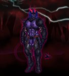 abs areola armor balls bare_chest black_armor blue_hair clothing dark_areola flaccid footwear genitals glowing glowing_body hair harness hell high_heels horn humanoid_pointy_ears intersex intersex/intersex long_hair male military muscular pecs penis pink_eyes pink_horn pointy_ears purple_body purple_skin red_sky shoes shoulder_pads sky soldier solo spade_tail spiked_shoulder_pads spikes tail warrior grape_shifter revi demon absurd_res hi_res